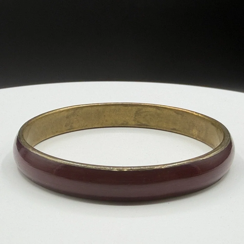 Burgundy Red Enamel Gold Tone Bangle Bracelet Stackable Boho Minimalist Gift